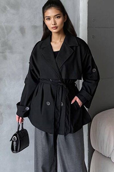 Trend Alaçatı Stili Women's Black Belted Double Pocket Lined Short Coat Alc-X...