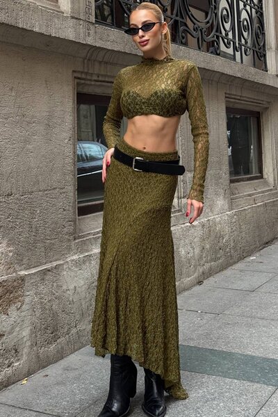Trend Alaçatı Stili Women's khaki asymmetric cut lined lace skirt alc-x14521