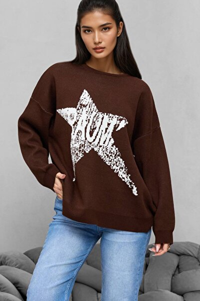 Trend Alaçatı Stili Women's Brown Crew Neck Letter Printed Oversized Knitwear...