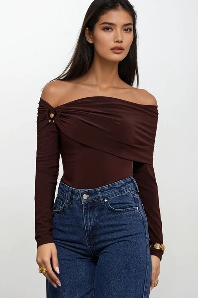 Trend Alaçatı Stili Women's sandy blouse with bitter brown madonna collar acc...