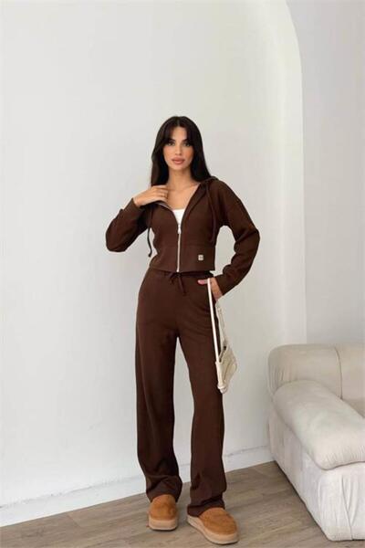 Neşeli Butik Women Brown Zipper Hooded Modal Tracksuit Set Nbnp022