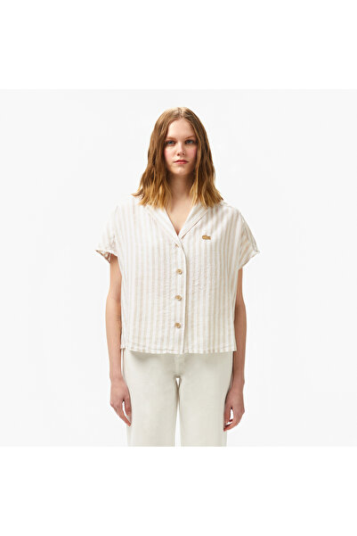 Lacoste Kadın Regular Fit Kısa Kollu Çizgili Keten Bej Gömlek