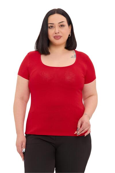 DISENTIS MODEST Plus Size U-Neck Short Sleeve Viscose Red Bodysuit