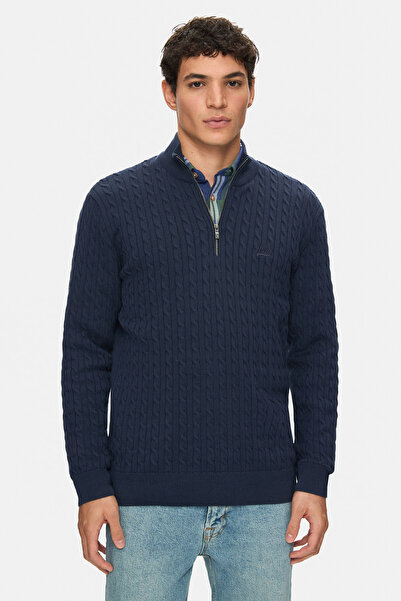 UCLA Ανδρικό πλεκτό πουλόβερ PALVIN Navy Blue με μισό φερμουάρ και κέντημα St...