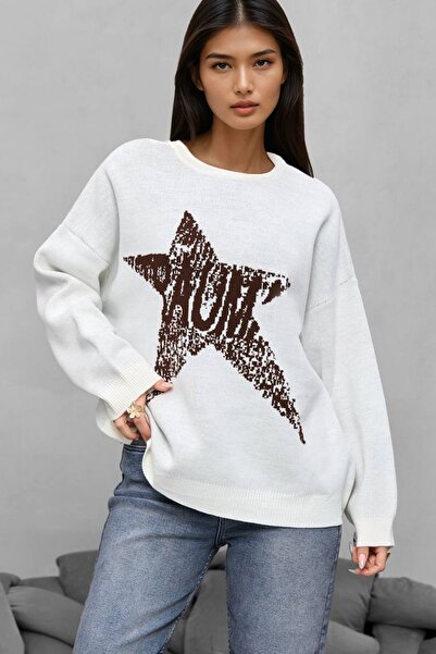 Trend Alaçatı Stili Women's ecru crew neck text Printed Oversized knit sweate...