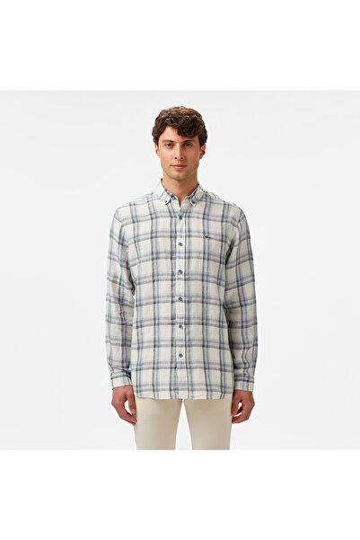 Lacoste Erkek Regular Fit Ekose Keten Koyu Mavi Gömlek