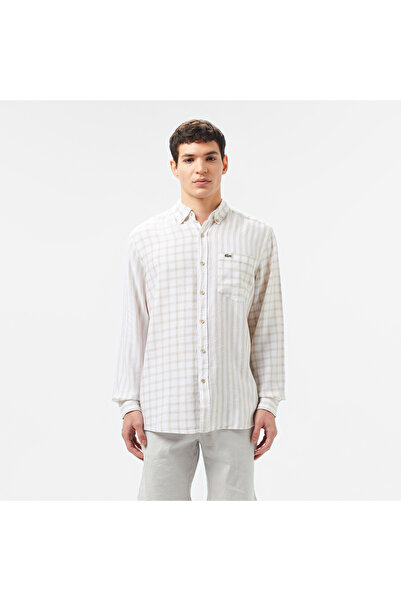 Lacoste Erkek Regular Fit Düğmeli Yaka Ekose Keten Bej Gömlek