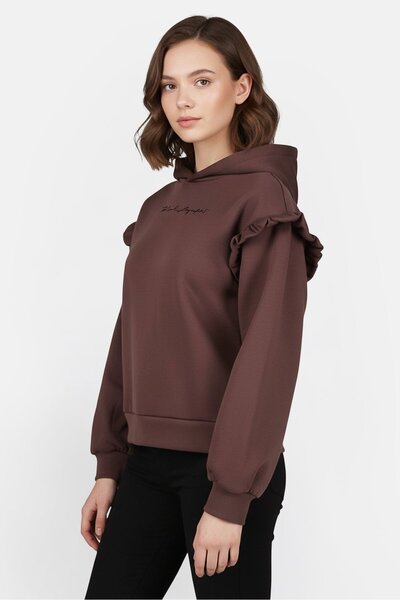 Karl Lagerfeld هودي نسائي بأكمام طويلة وشعار مطرز، لون شوكولاتة