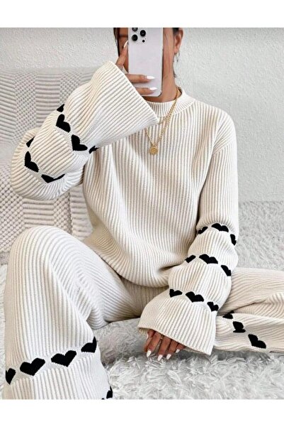 rengamoda Women's heart patterned sweater and pants two-piece knit set