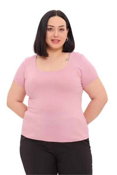 DISENTIS MODEST Plus Size U-Neck Short Sleeve Viscose Pink Bodysuit