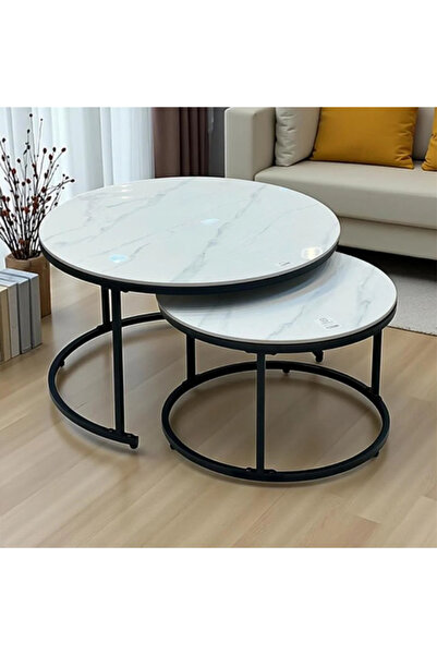 VALUE Round coffee table set with decorative marble design (2 pieces).