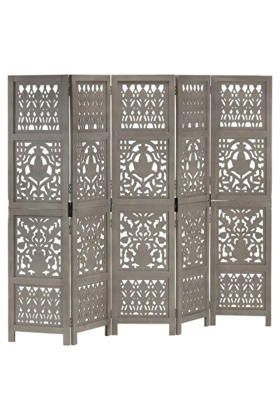 vidaxl Hand Carved 5-Panel Room Divider Grey 200x165 cm Solid Mango Wood