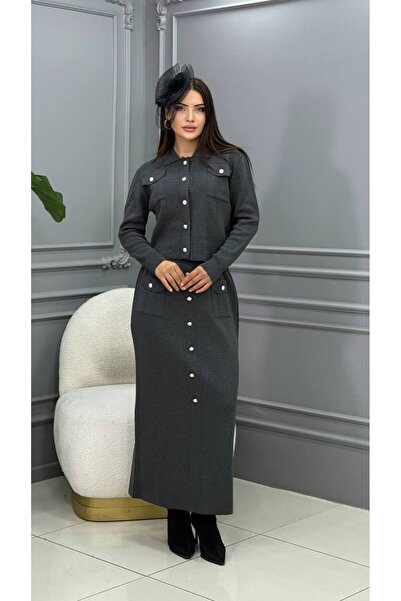 Genesis cannes Cannes Mercan Women's Gray Knitwear Set - Buttoned Skirt and J...