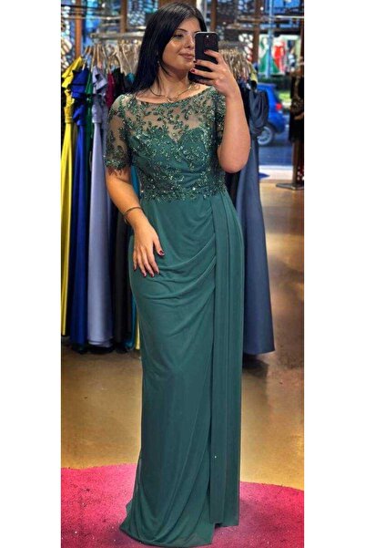 Abiyeniall Yeşil Kısa Kollu Yırtmaçlı Düz Kesim Tül Uzun Abiye Elbise 7574