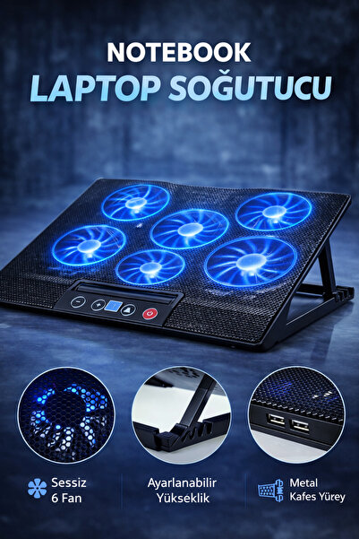 SepetteX 6 Fanlı Notebook Soğutucu Stand LED Işıklı Laptop Soğutma Pedi 17 İn...