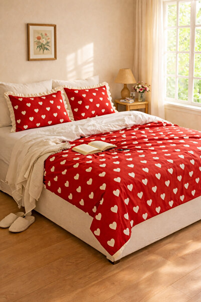 GÖRMEZ TEKSTİL Soft Cotton Single Leyla - Red Ruffled Duvet Cover Set