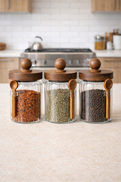 Kitchen Way Acacia Gasketed Striped 3-Piece Glass 600ml Jar Set with Spoon Kw...
