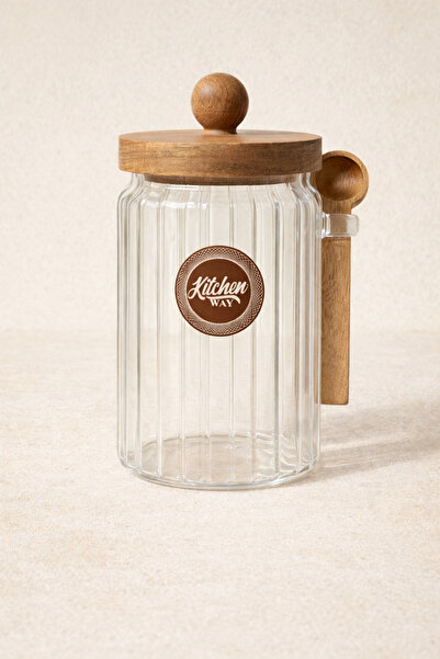 Kitchen Way Acacia Gasketed Striped Glass 900ml Jar with Spoon Kw-754