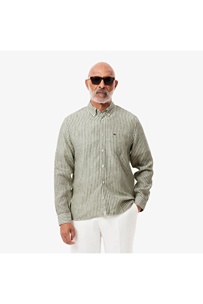 Lacoste Erkek Regular Fit Düğmeli Yaka Çizgili Keten Haki Gömlek