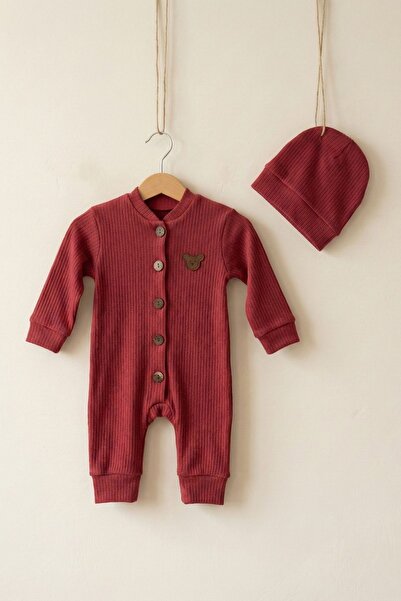 zumino Solid Color Beret Baby Romper with Teddy Bear Embroidery