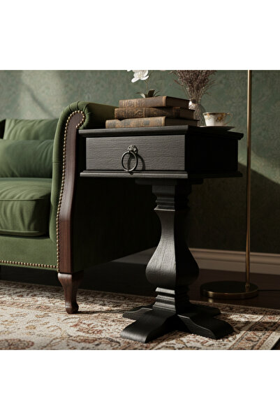 Ahlat Ağacı Ahşap Atölyesi Antik Dokulu Siyah Zigon Sehpa Vintage Tekli Yan S...