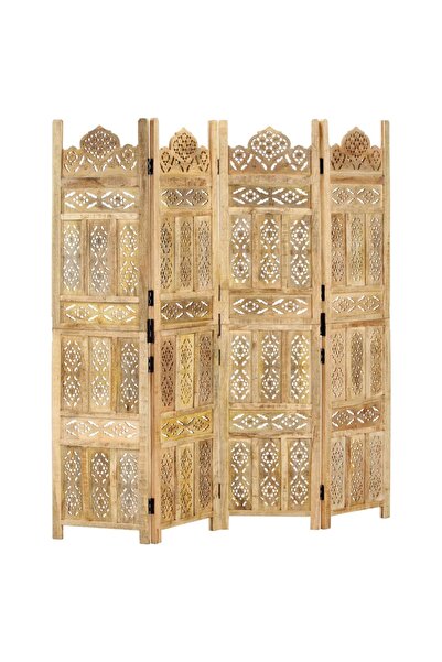 vidaxl فاصل غرفة منحوت يدويًا من 4 ألواح، 160 × 165 سم، مصنوع من خشب المانجو ...