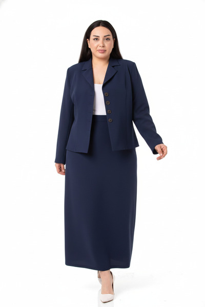 DISENTIS MODEST Plus Size Skirt Jacket Navy Blue Suit