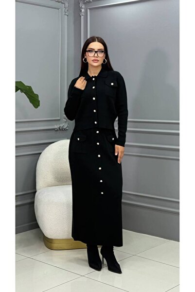 Genesis cannes Cannes Mercan Women's Black Knitwear Set - Buttoned Skirt and ...