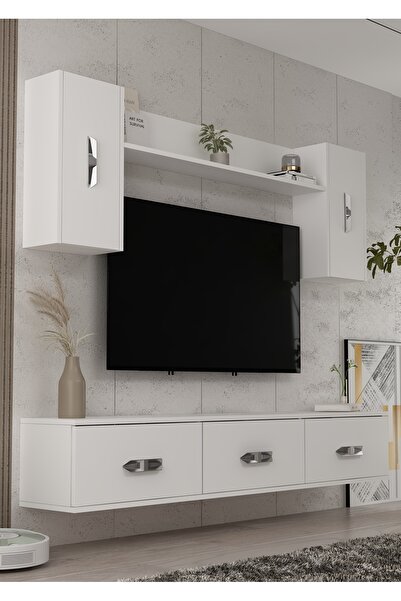 cantek dizayn 1364TV180-32CT DUVARA MONTAJ TV SEHPASI, TV ÜNİTESİ BEYAZ-GÜMÜŞ