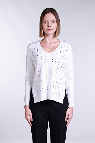 Sempre Women's V-Neck Side Slit Stone Detailed Sweater 2754 Ivory