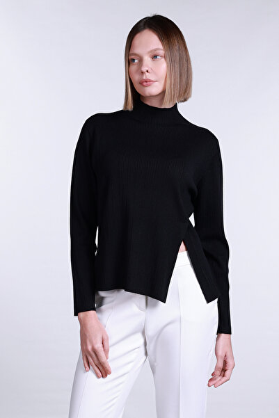 Sempre Women's Half Fisherman Slit Detailed Wool Sweater 2742 Black