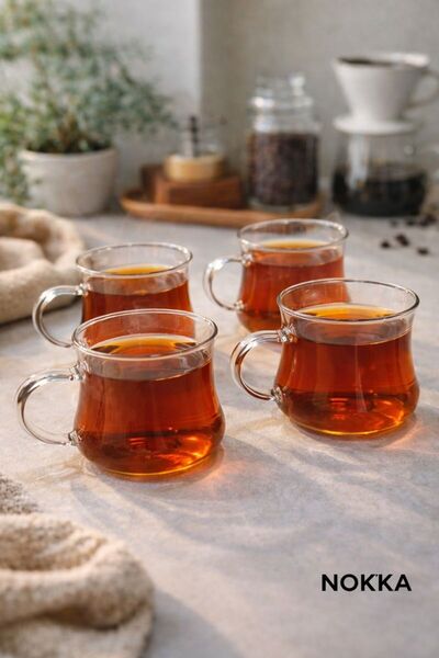 NOKKA Borosilikat Isıya Dayanıklı Cam Kulplu 4lü Çay Bardağı Kahve Bardak Set...