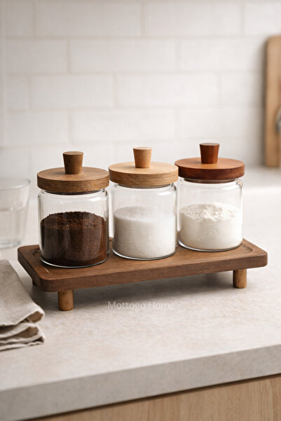 Mottogo 3-Piece Acacia Lid Glass Jar Set – 450 ml with Wooden Stand
