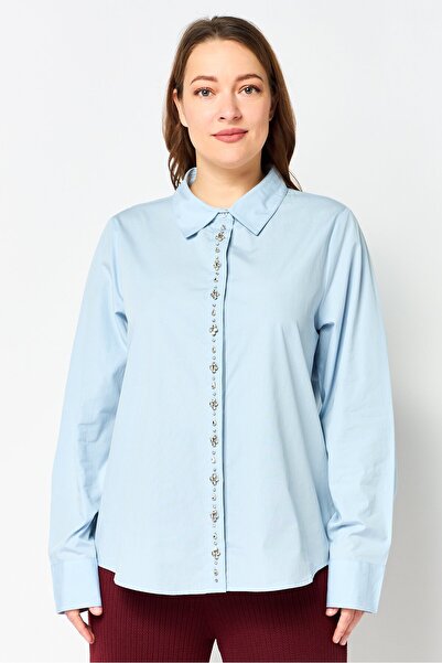 Bebe Women Spread Collar Embellished Long Sleeve Shirt, Light Blue