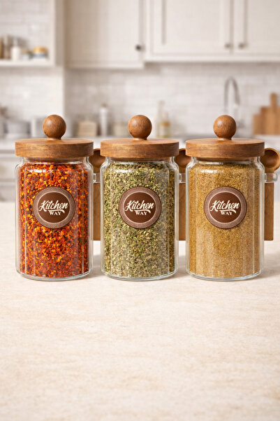 Kitchen Way Acacia Gasketed Striped 3-Piece Glass Jar Set with Spoon 900ml Kw...