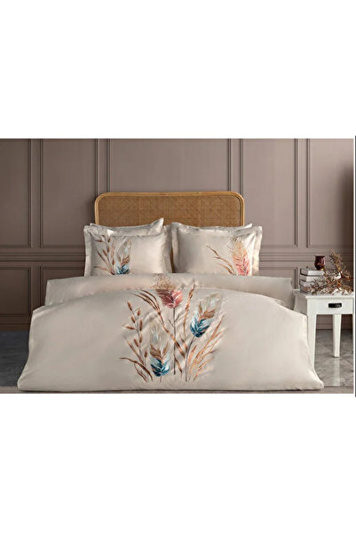 Dantela Bohem Nakışlı Pamuk Saten Çift Kişilik Nevresim Takımı -Bej