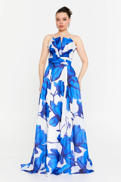 ŞEREF VURAL Women's Floral Pattern Strapless Long Evening Dress 8357 Blue