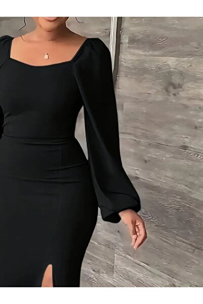 JANES Women's Long Sleeve Geometric Neckline Side Slit Long Janjan Crepe Dress