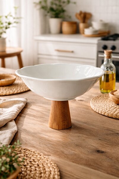 Evila Ahşap Ayaklı Porselen Sunumluk – Meyvelik, Sunum Tabağı ve Servis Kases...