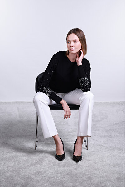 Sempre Women's Sleeves Stone Detailed Crew Neck Sweater 2704 Black