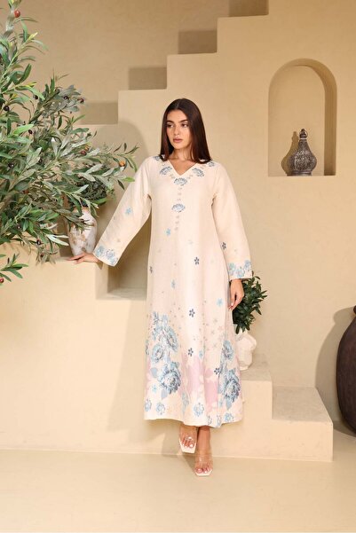 IKKXA جلابيات من قماش الكتان الكلاسيكي المزهر