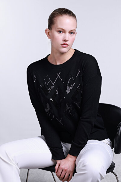 Sempre Women's Crew Neck Sequin Embroidered Wool Sweater 2720 Black