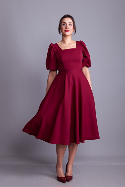 Bidoluelbise Burgundy Square Neck Balloon Sleeve Midi Length Evening Dress