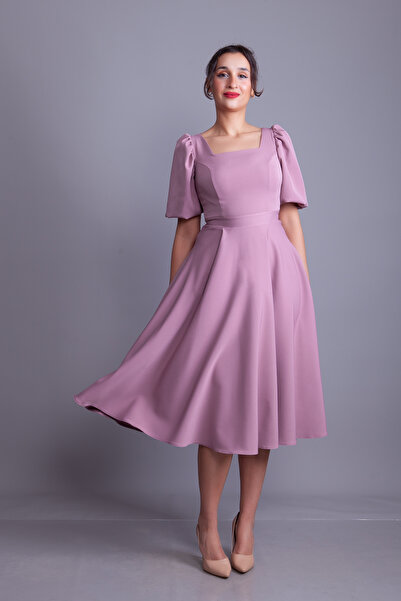 Bidoluelbise Dark Rose Dry Rose Square Neck Balloon Sleeve Midi Length Evenin...