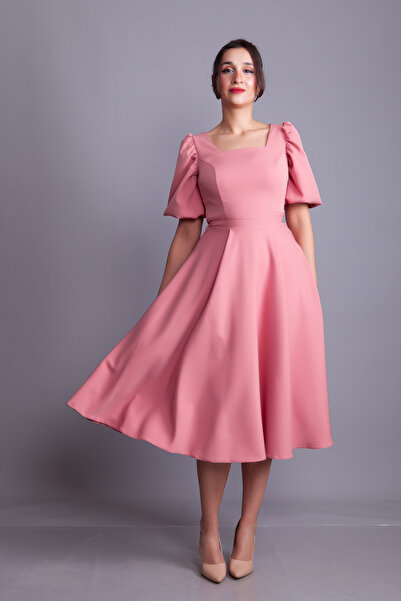 Bidoluelbise Dusty Rose Square Neck Balloon Sleeve Midi Length Evening Dress