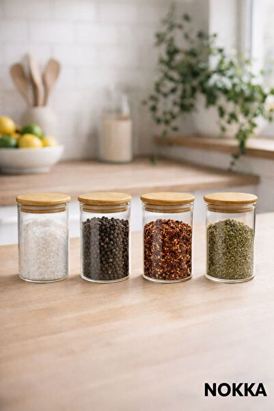 NOKKA 4 Adet Vakumlu Bambu Kapaklı Borosilikat Baharatlık, 8 cm, Saklama Kabı...