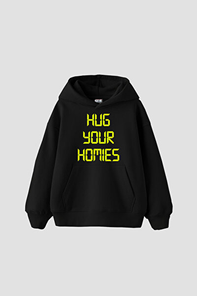 Sekizbiraltı Hug Your Hom. Printed Oversized Unisex Black Hoodie