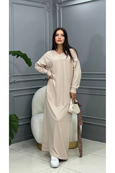 Cannes Dalia Ecru Stretch Fabric V-Neck Dress - Soft Texture and Pocket Design