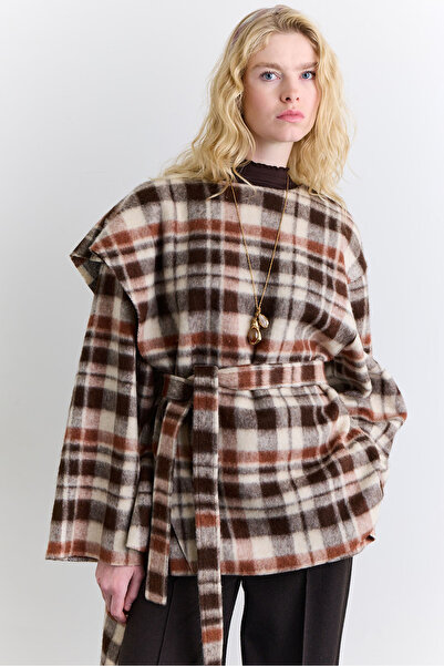 Manuka ŞAL DETAYLI EKOSE PANÇO KAHVERENGİ