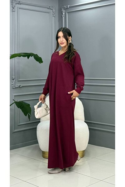 Cannes فستان داليا بوردو قماش قابل للتمدد برقبة على شكل حرف V - تصميم ذو ملمس...